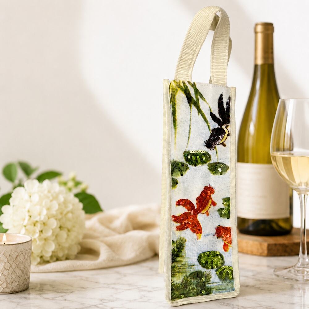 Canvas Wine Bottle Gift Bag Carrier Tote W/ Sequined Goldfish Pond Made In India